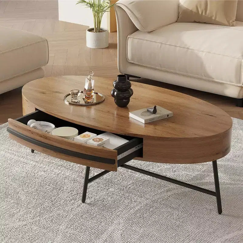 Table basse ovale avec tiroir, table basse moderne du milieu du siècle, table basse en bois de 120 cm avec rangement et pieds en métal croisés, design incurvé