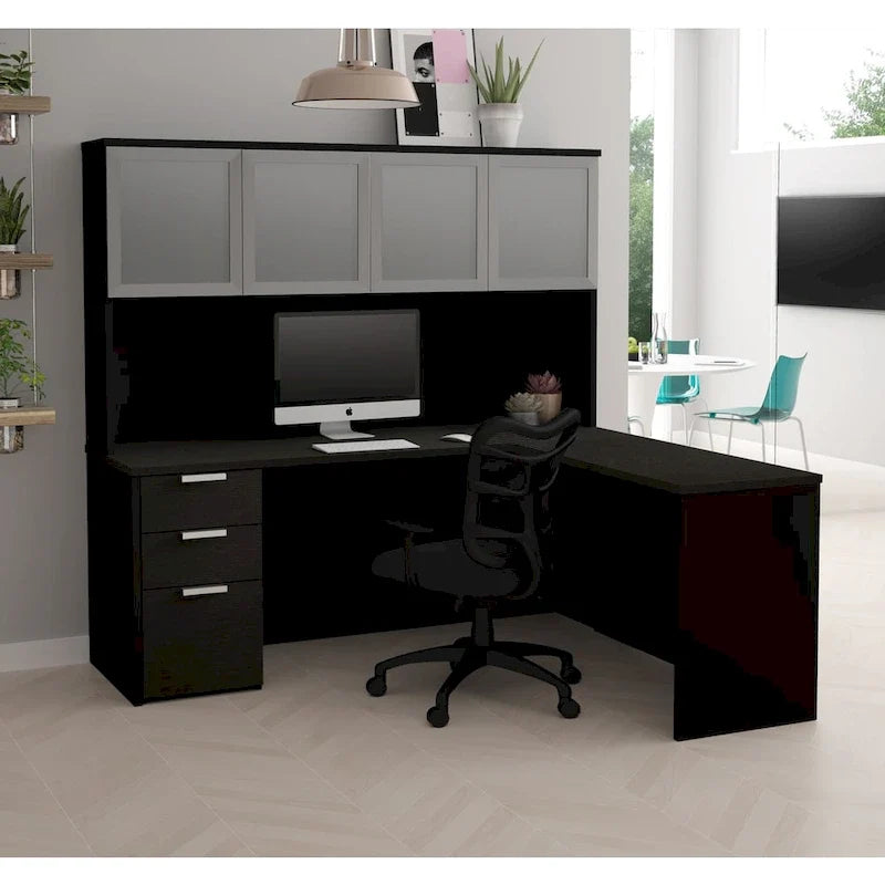 Bureau en L Bestar Pro-Concept Plus avec huche à porte en verre dépoli