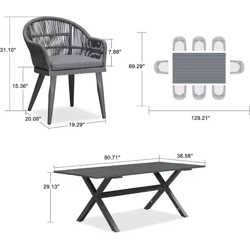 Ensemble de salle à manger d'extérieur PURPLE LEAF avec table à manger en aluminium et chaises en rotin tressé