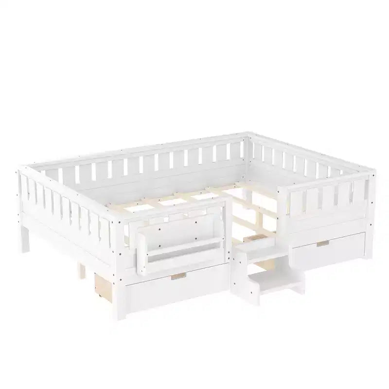 Lit pour tout-petits Bellemave Queen Size avec 14 barrières de sécurité, cadre de lit peu encombrant avec étagères intégrées et 2 tiroirs de rangement sous le lit