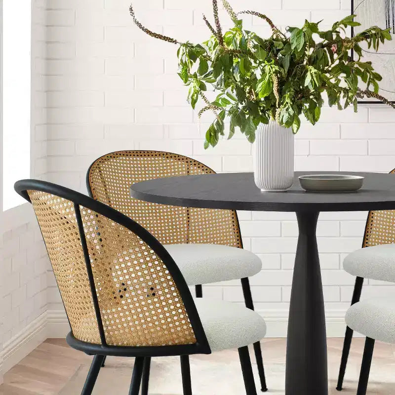 Ensemble de salle à manger rond 5 pièces pour 4 personnes, avec 4 chaises de salle à manger en tissu bouclé et dossier en rotin tressé, mobilier d'intérieur - Panipeachy
