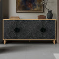 62.99" Accent TV Stand with Carved Doors, Shelf, and Solid Wood Legs