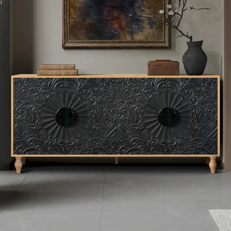 62.99" Accent TV Stand with Carved Doors, Shelf, and Solid Wood Legs