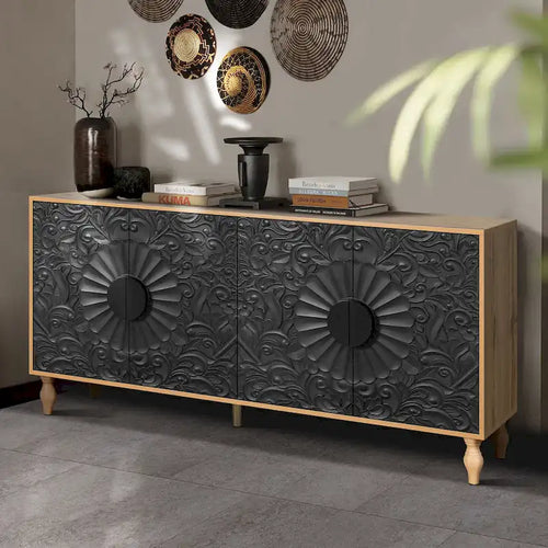 62.99" Accent TV Stand with Carved Doors, Shelf, and Solid Wood Legs