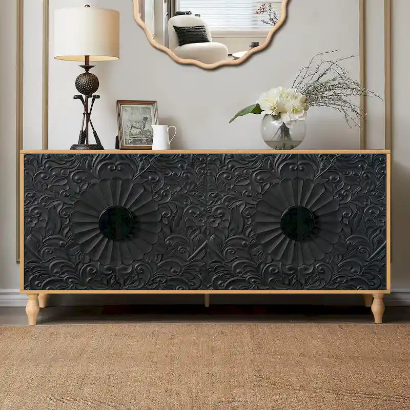 62.99" Accent TV Stand with Carved Doors, Shelf, and Solid Wood Legs
