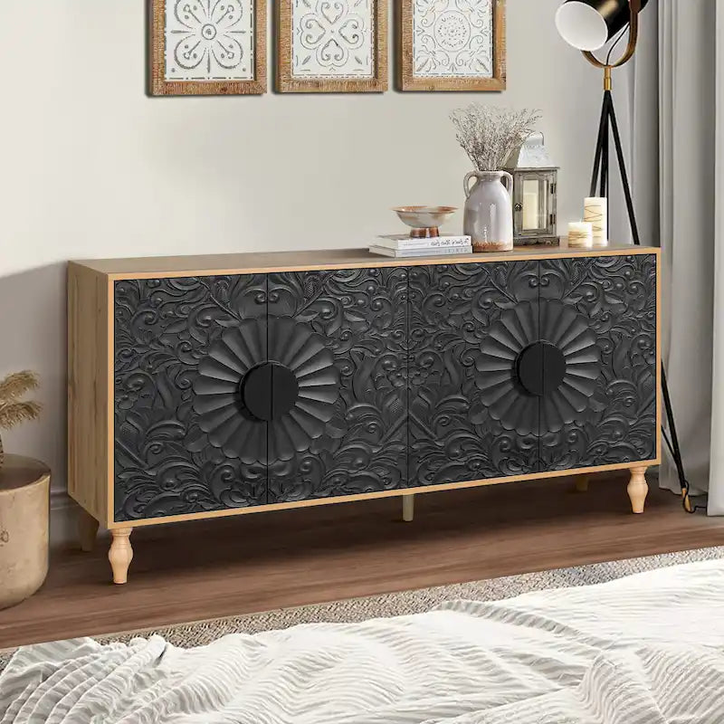 62.99" Accent TV Stand with Carved Doors, Shelf, and Solid Wood Legs