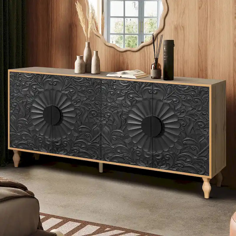 62.99" Accent TV Stand with Carved Doors, Shelf, and Solid Wood Legs