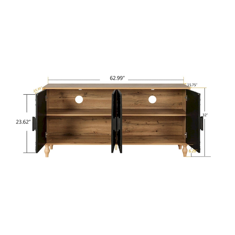 62.99" Accent TV Stand with Carved Doors, Shelf, and Solid Wood Legs