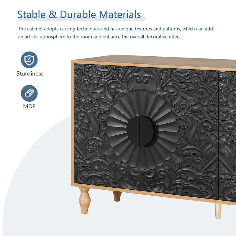 62.99" Accent TV Stand with Carved Doors, Shelf, and Solid Wood Legs