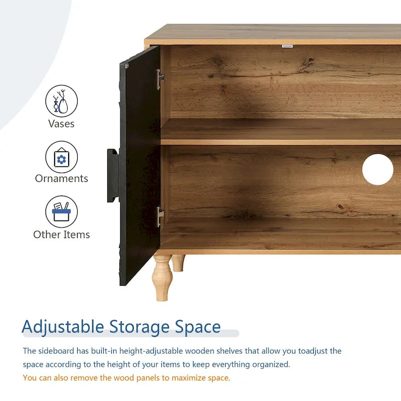 62.99" Accent TV Stand with Carved Doors, Shelf, and Solid Wood Legs