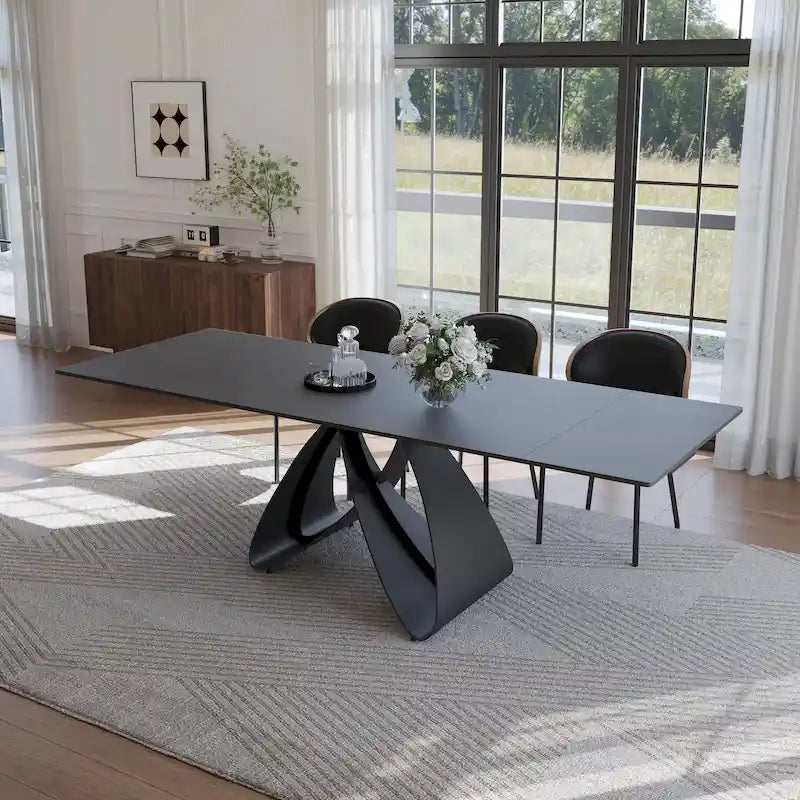 63-95" Extendable Dining Table for 6-10, Matte Black Sintered Stone Top with Carbon Steel Legs