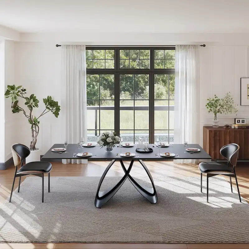 63-95" Extendable Dining Table for 6-10, Matte Black Sintered Stone Top with Carbon Steel Legs