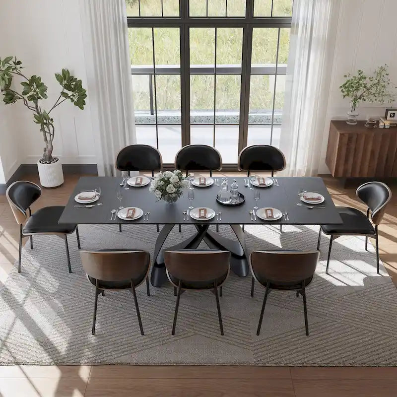 63-95" Extendable Dining Table for 6-10, Matte Black Sintered Stone Top with Carbon Steel Legs