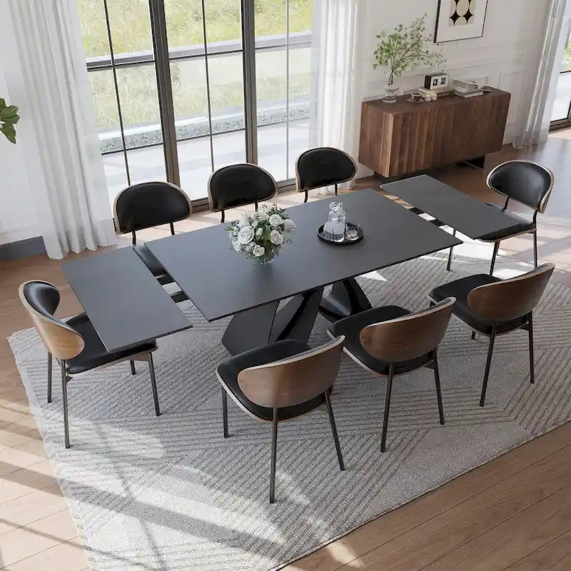 63-95" Extendable Dining Table for 6-10, Matte Black Sintered Stone Top with Carbon Steel Legs