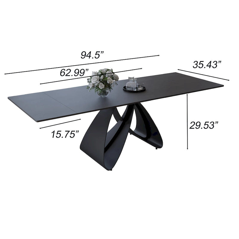 63-95" Extendable Dining Table for 6-10, Matte Black Sintered Stone Top with Carbon Steel Legs