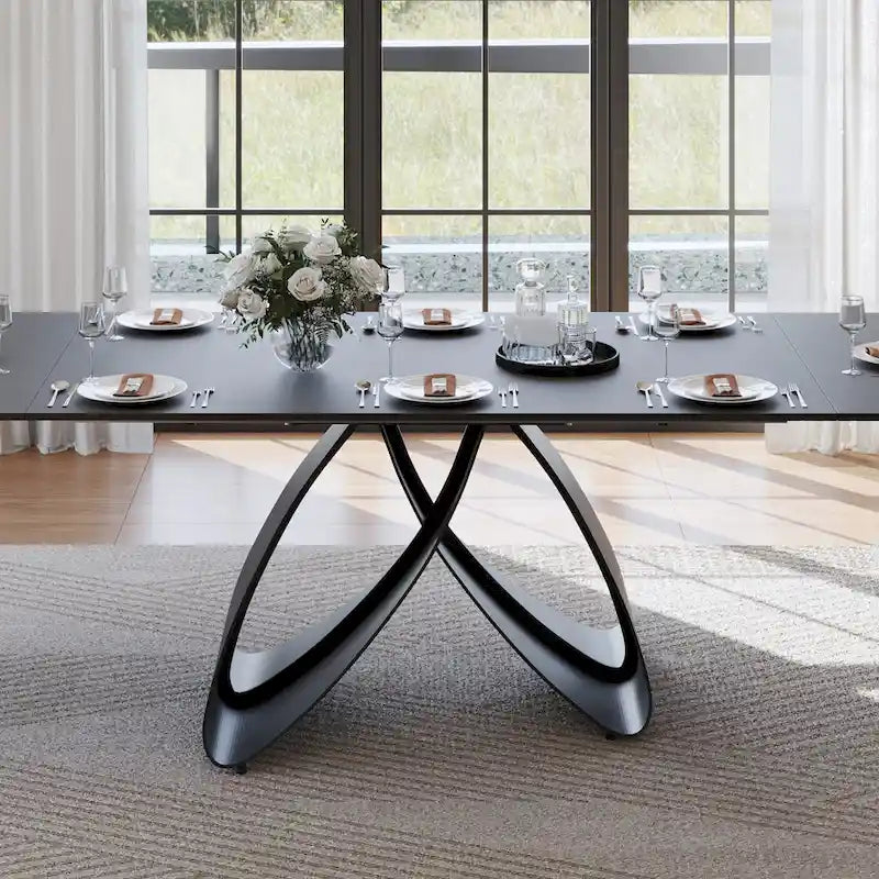 63-95" Extendable Dining Table for 6-10, Matte Black Sintered Stone Top with Carbon Steel Legs