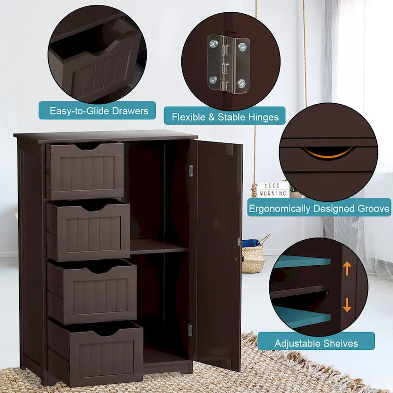 Costway Wooden 4 Drawer Bathroom Floor Cabinet Storage Cupboard 2