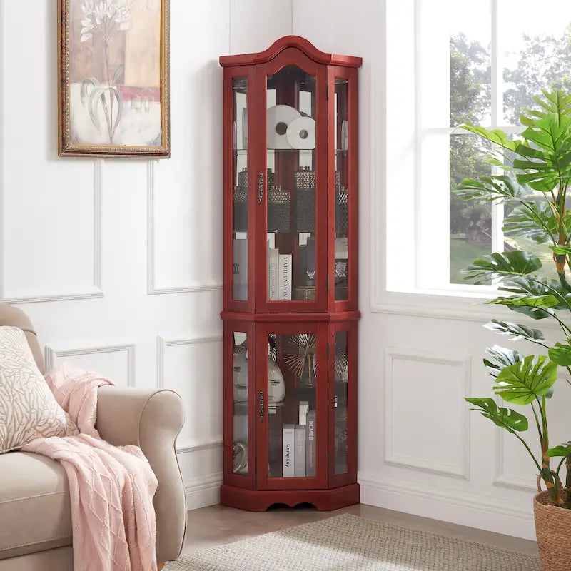 Lighted Corner Curio Cabinet with Tempered Glass Doors & Shelves - Cherry