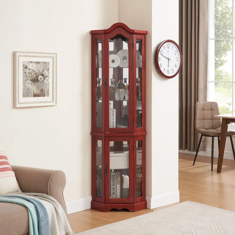 Vitrine d'angle éclairée avec portes et étagères en verre trempé - Cerisier