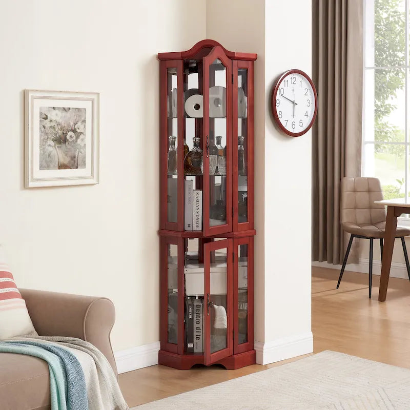 Lighted Corner Curio Cabinet with Tempered Glass Doors & Shelves - Cherry
