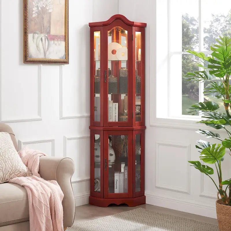 Lighted Corner Curio Cabinet with Tempered Glass Doors & Shelves - Cherry