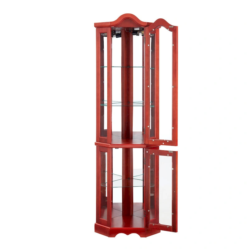 Vitrine d'angle éclairée avec portes et étagères en verre trempé - Cerisier