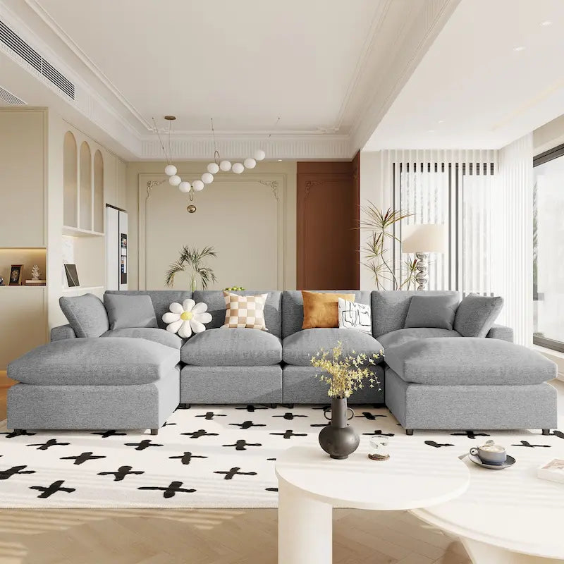 Modern U-Shaped 6 Seater Sectional Sofa with 2 Large Chaises, Removable Ottomans and Soft Cushions
