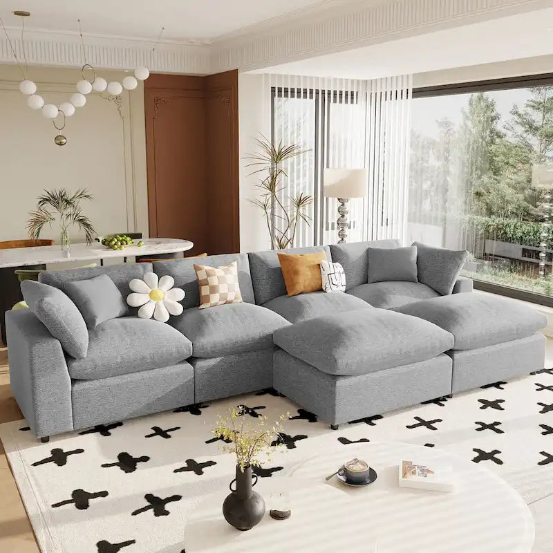 Modern U-Shaped 6 Seater Sectional Sofa with 2 Large Chaises, Removable Ottomans and Soft Cushions