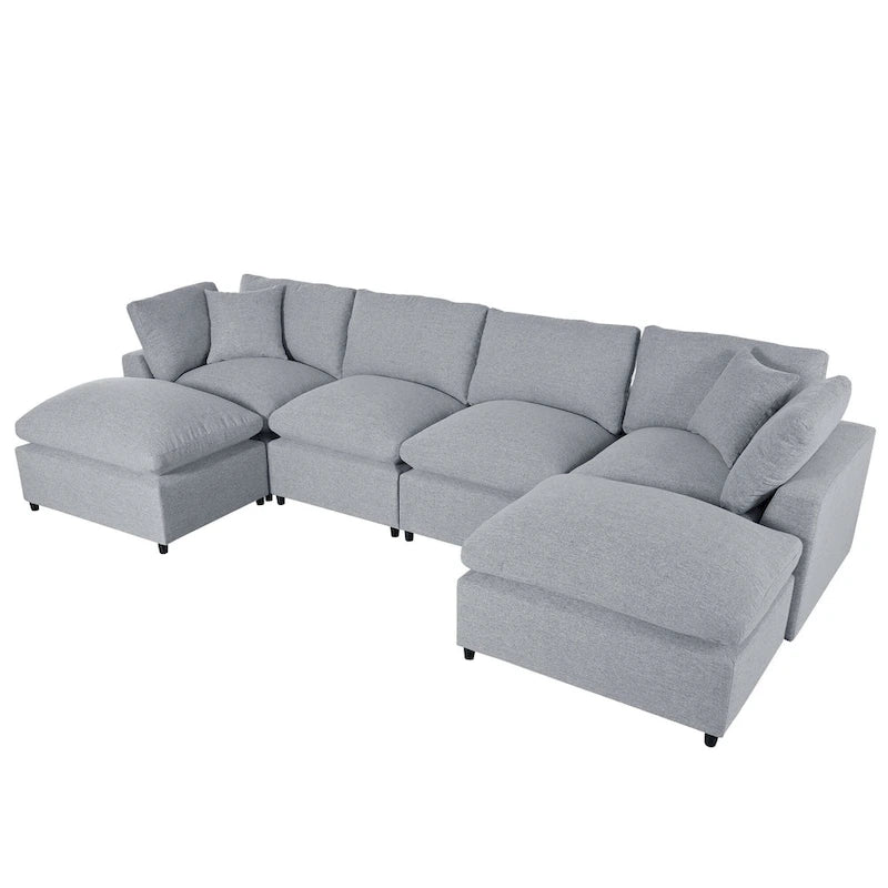 Modern U-Shaped 6 Seater Sectional Sofa with 2 Large Chaises, Removable Ottomans and Soft Cushions