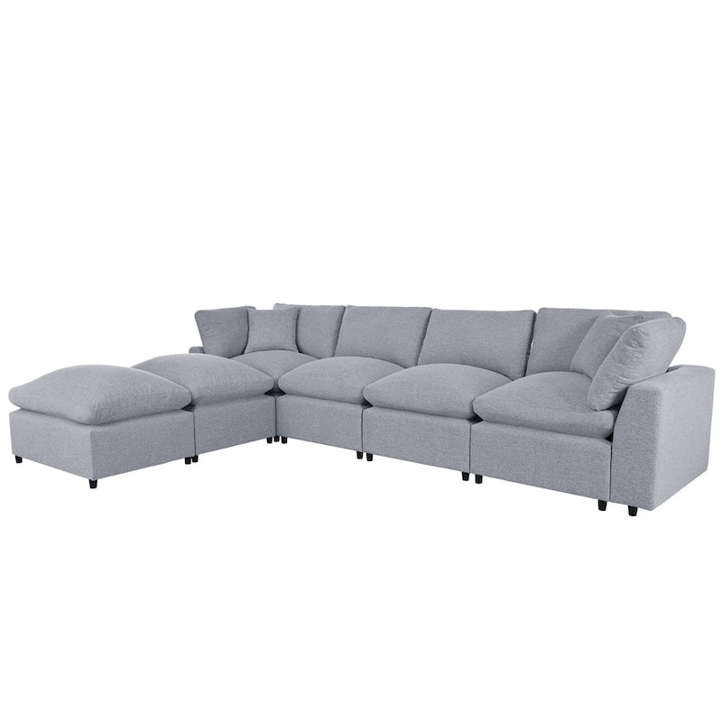 Canapé d'angle moderne en U pour 6 personnes avec 2 grandes méridiennes, poufs amovibles et coussins moelleux