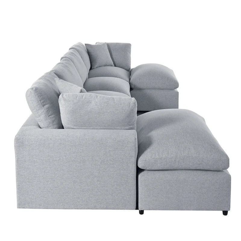 Canapé d'angle moderne en U pour 6 personnes avec 2 grandes méridiennes, poufs amovibles et coussins moelleux