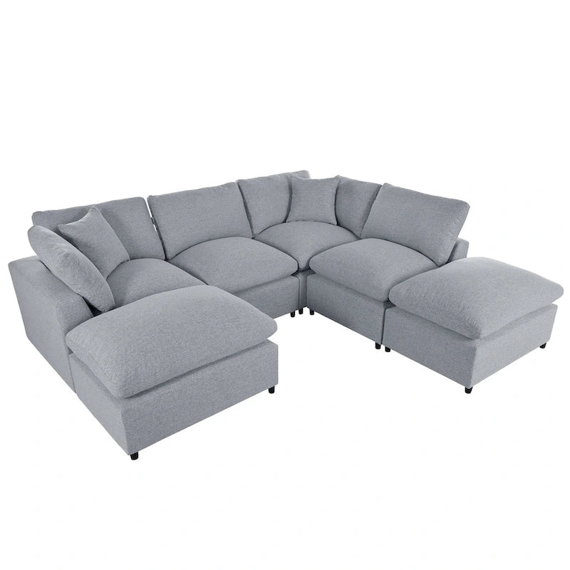 Canapé d'angle moderne en U pour 6 personnes avec 2 grandes méridiennes, poufs amovibles et coussins moelleux