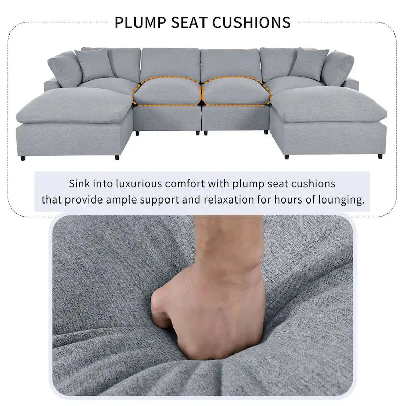 Canapé d'angle moderne en U pour 6 personnes avec 2 grandes méridiennes, poufs amovibles et coussins moelleux
