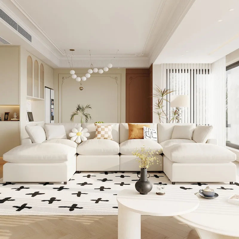 Canapé d'angle moderne en U pour 6 personnes avec 2 grandes méridiennes, poufs amovibles et coussins moelleux