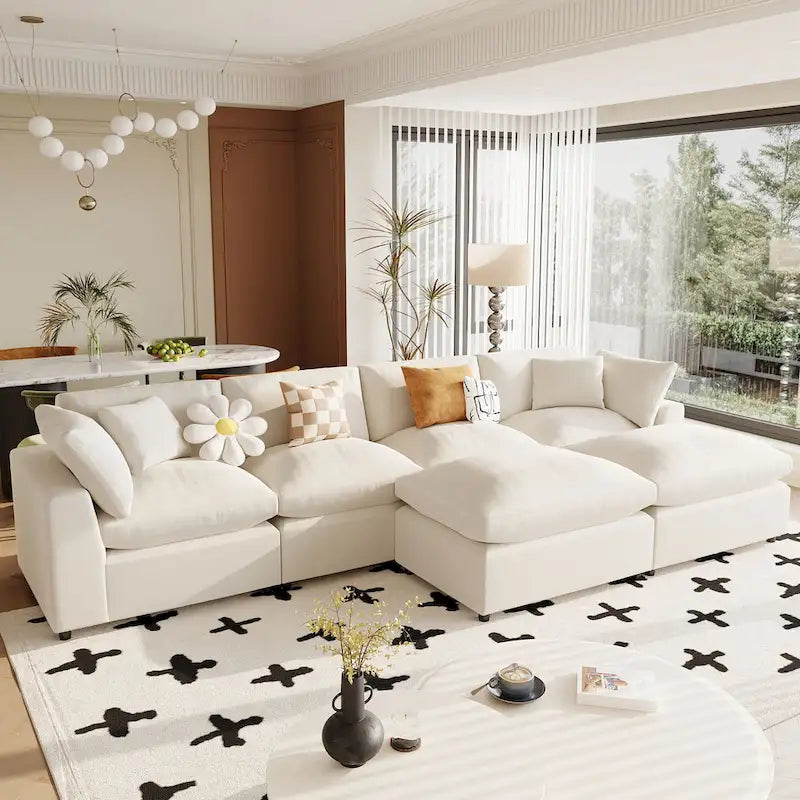 Canapé d'angle moderne en U pour 6 personnes avec 2 grandes méridiennes, poufs amovibles et coussins moelleux