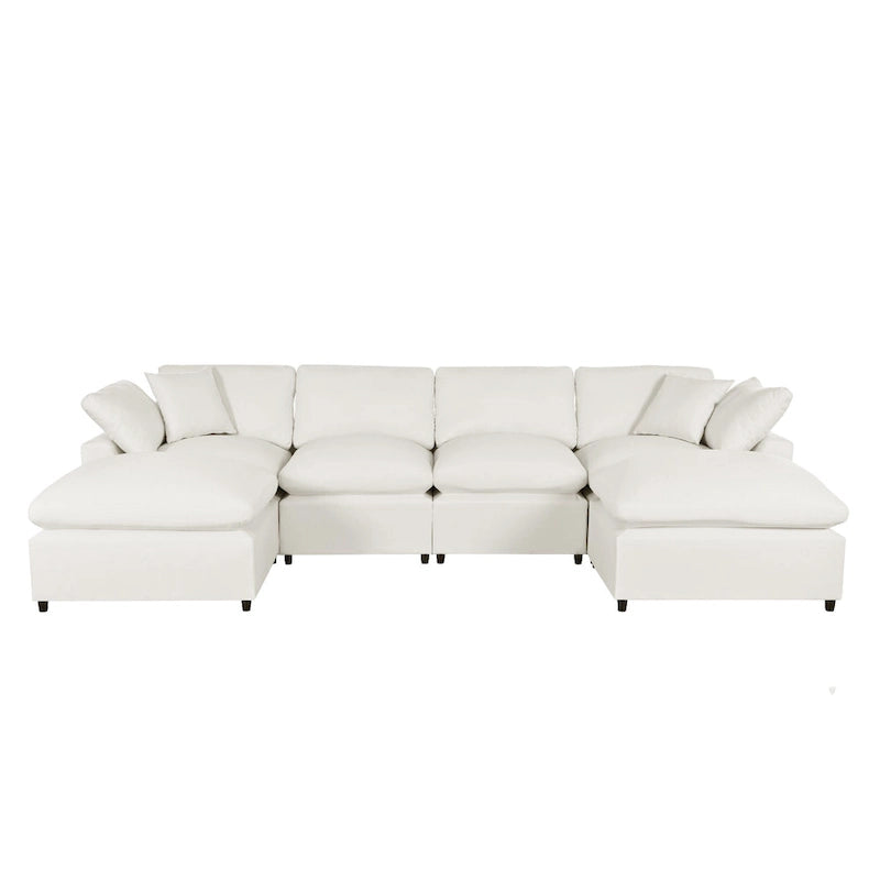 Canapé d'angle moderne en U pour 6 personnes avec 2 grandes méridiennes, poufs amovibles et coussins moelleux