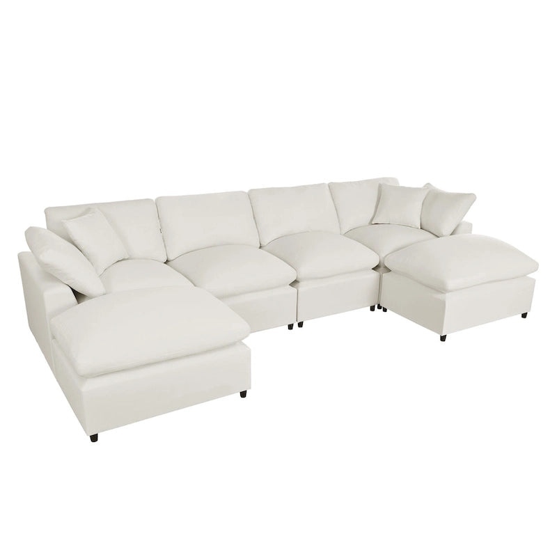 Canapé d'angle moderne en U pour 6 personnes avec 2 grandes méridiennes, poufs amovibles et coussins moelleux