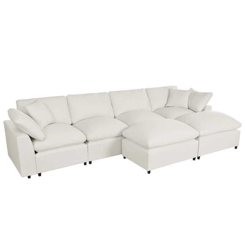 Canapé d'angle moderne en U pour 6 personnes avec 2 grandes méridiennes, poufs amovibles et coussins moelleux