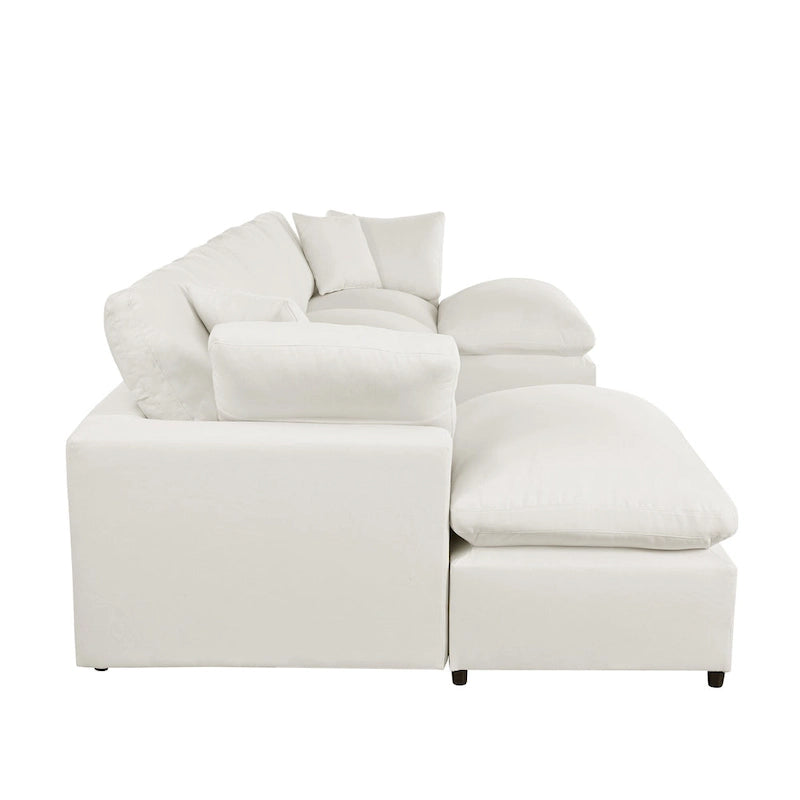 Canapé d'angle moderne en U pour 6 personnes avec 2 grandes méridiennes, poufs amovibles et coussins moelleux