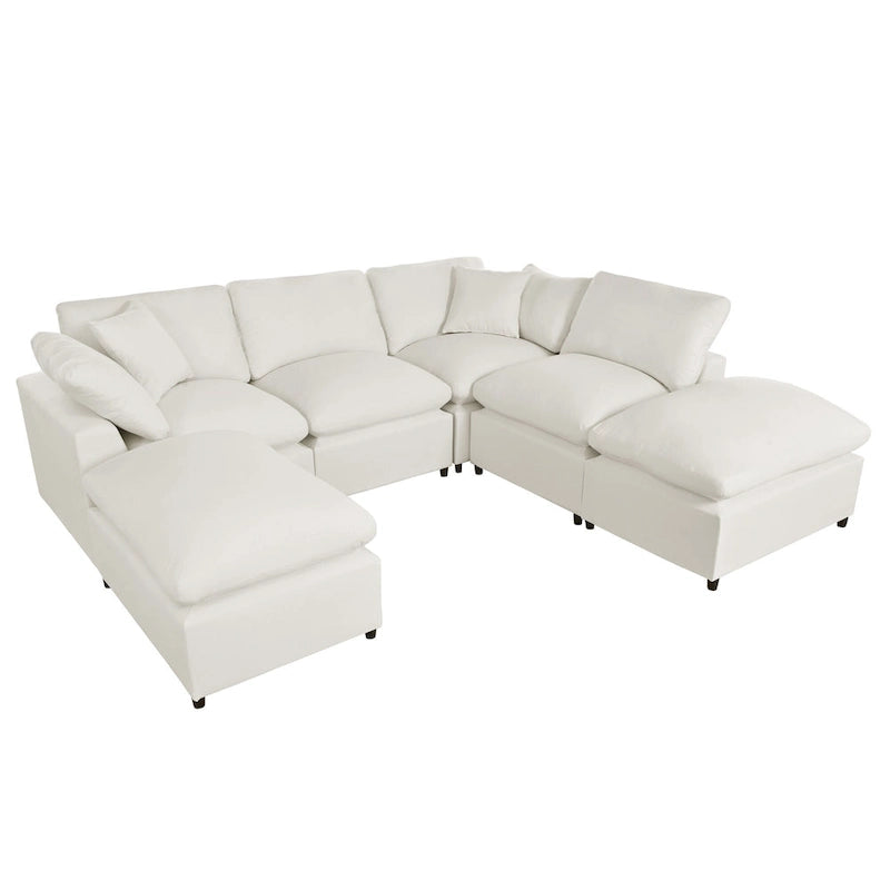 Canapé d'angle moderne en U pour 6 personnes avec 2 grandes méridiennes, poufs amovibles et coussins moelleux