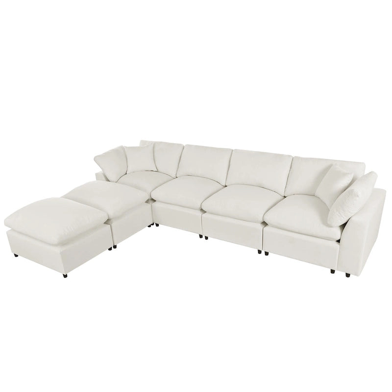 Canapé d'angle moderne en U pour 6 personnes avec 2 grandes méridiennes, poufs amovibles et coussins moelleux