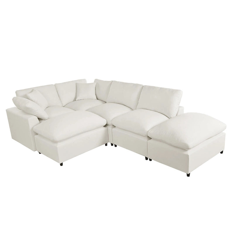 Canapé d'angle moderne en U pour 6 personnes avec 2 grandes méridiennes, poufs amovibles et coussins moelleux