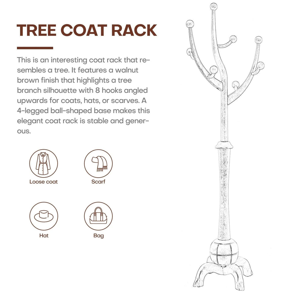 Porte-manteau sur pied en bois d'hévéa forme branche d'arbre avec 8 crochets - 24,5 L x 70,87 H