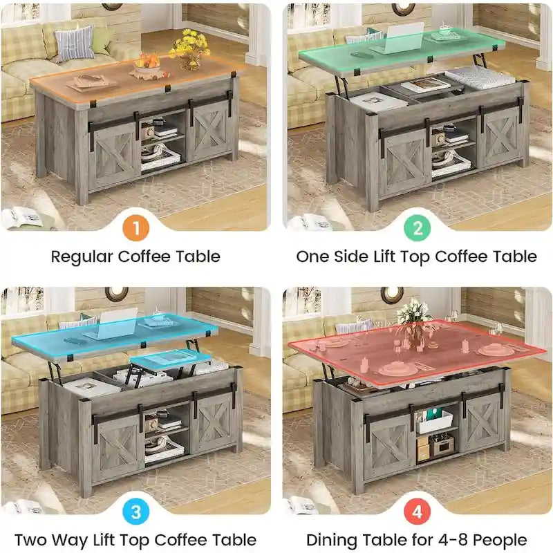 Table basse relevable avec 2 portes de grange coulissantes et rangement