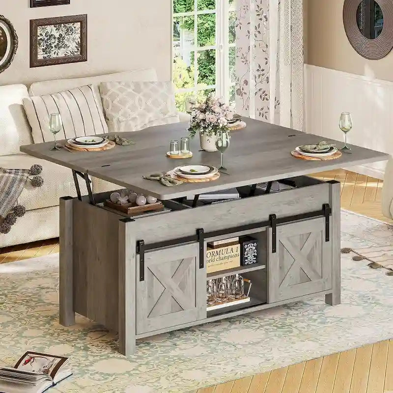 Table basse relevable avec 2 portes de grange coulissantes et rangement