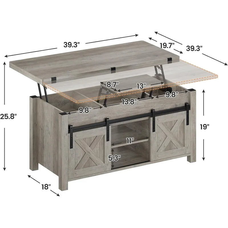 Table basse relevable avec 2 portes de grange coulissantes et rangement