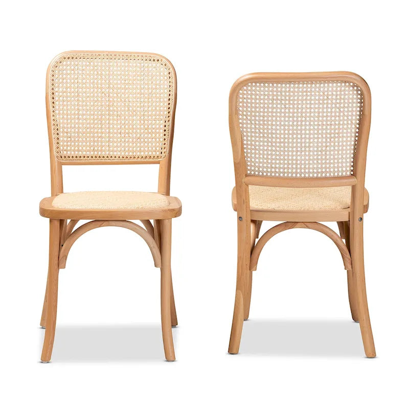 Ensemble de 2 chaises de salle à manger Neah en rotin tressé et bois, style Mid-Century Modern