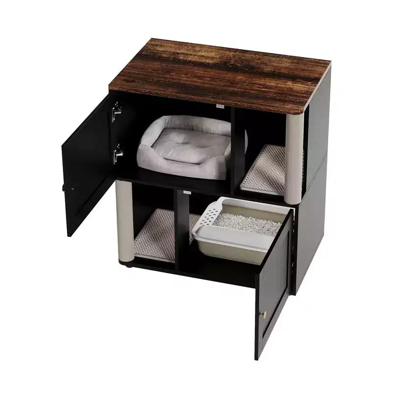Meuble cache-litière double avec poteaux à griffer et tapis de litière à double couche pour animaux de compagnie d'intérieur
