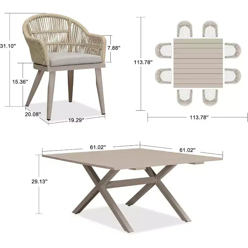 Ensemble de salle à manger d'extérieur PURPLE LEAF avec table à manger en aluminium et chaises en rotin tressé