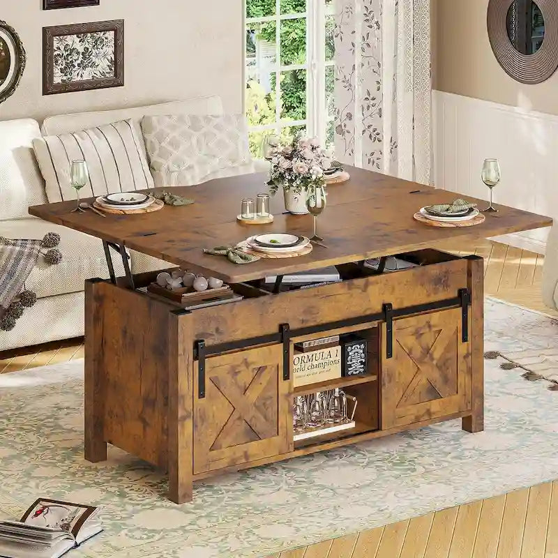 Table basse relevable avec 2 portes de grange coulissantes et rangement